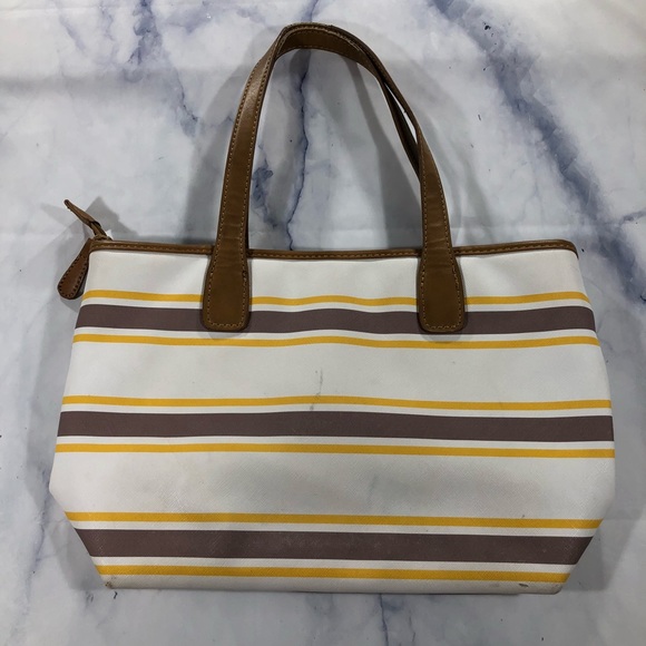 Marc Fisher White Brown Yellow Striped Tote Bag - Picture 3 of 8